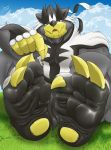  2020 3_toes 5_fingers absurd_res anthro black_feet claws fingers foot_focus group hi_res human larger_anthro legendary_pok&eacute;mon macro male mammal micro nintendo outside pok&eacute;mon pok&eacute;mon_(species) pok&eacute;mon_trainer sitting sitting_on_grass size_difference smaller_human soles solo_focus toes urshifu video_games wrinkled_feet xamz yellow_claws 