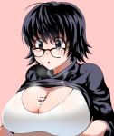  1girl :o bangs black-framed_eyewear black_eyes black_hair black_sweater bra breasts clothes_lift cum cum_on_body cum_on_breasts cum_on_clothes cum_on_glasses cum_on_hair echigoya_takeru ejaculation facial glasses hair_between_eyes hetero hunter_x_hunter large_breasts long_sleeves paizuri penis pink_background shizuku_(hunter_x_hunter) short_hair simple_background solo_focus sweater sweater_lift underwear white_bra 