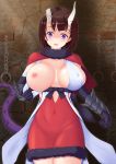  +_+ 1girl :d areolae black_gloves breasts breasts_apart broken_horn brown_hair capelet chain commentary_request demon_girl demon_horns dress elbow_gloves eriko_(princess_connect!) fur-trimmed_capelet fur-trimmed_dress fur_trim gauntlets gloves highres horns huge_breasts nipples one_breast_out open_mouth princess_connect! princess_connect!_re:dive procreate_(medium) purple_eyes red_capelet red_dress reil_gb shaded_face short_hair smile solo spiked_tail stone_wall symbol-shaped_pupils tail undressing wall 