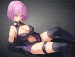  1girl bangs bare_shoulders black_legwear black_leotard blush breasts cleavage cleavage_cutout clothing_cutout collar elbow_gloves fate/grand_order fate_(series) gloves hair_over_one_eye highres large_breasts leotard light_purple_hair looking_at_viewer mash_kyrielight metal_collar mx2j_(nsh6394) navel navel_cutout purple_eyes purple_gloves short_hair thigh_strap thighhighs thighs 