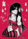  1girl aria_wintermint black_hair christmas collar fur-trimmed_gloves fur-trimmed_legwear fur-trimmed_leotard fur_trim gloves hair_ornament hair_over_one_eye highres holly_hair_ornament merry_christmas neck_bell pale_skin parororo solo striped striped_legwear the_crawling_city 