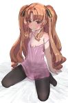  1girl ano_natsu_de_matteru black_legwear blush bow_(bhp) breasts brown_eyes brown_hair hair_ribbon long_hair looking_at_viewer nightgown no_bra pantyhose ribbon seductive_smile sitting small_breasts smile solo strap_slip twintails wariza white_background yamano_remon 