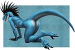  2019 3_toes all_fours alpha_channel anthro black_claws black_hair blue_body blue_scales border breasts claws dinosaur doktor-savage dromaeosaurid female hair hi_res hindpaw looking_at_viewer mohawk non-mammal_breasts paws reptile scales scalie sharp_teeth simple_background soles solo teeth theropod toes transparent_background transparent_border 