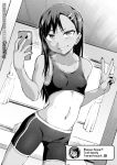  1girl bedroom bike_shorts black_nails blush breasts breath cellphone chat_log commentary covered_nipples dark_skin dark_skinned_female ear_clip earrings english_text fingernails geewhy greyscale grin hair_ornament hairclip heavy_breathing highres holding holding_phone ijiranaide_nagatoro-san indoors jewelry long_hair midriff monochrome nagatoro_hayase navel phone self_shot small_breasts smartphone smile solo sports_bra stud_earrings sweat taking_picture text_messaging v watermark web_address 