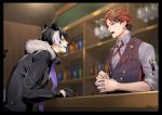  2boys ahoge animal_ears black_hair heterochromia holding holostars jackal_ears kageyama_shien looking_at_viewer male_focus mole mole_under_eye multicolored_hair multiple_boys necktie open_mouth orange_eyes purple_eyes shirt short_hair smile streaked_hair virtual_youtuber white_hair yellow_eyes yukoku_roberu 