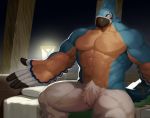  2020 abs absurd_res anthro avian beak bed black_beak blue_body blue_feathers breath_of_the_wild crotch_tuft feather_hands feathers featureless_crotch furniture gaoemon3 hi_res kass_(tloz) male muscular muscular_anthro muscular_male nintendo nude orange_eyes pecs rito sitting sitting_on_bed solo the_legend_of_zelda tuft video_games 