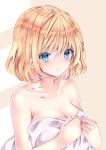  1girl :/ alice_margatroid bare_shoulders beige_background blonde_hair blue_eyes blush breasts cleavage closed_mouth collarbone commentary_request eyebrows_visible_through_hair hair_between_eyes highres large_breasts naked_towel nanase_nao short_hair simple_background solo sweat touhou towel upper_body 