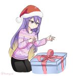  1girl alternate_costume black_pants blonde_hair casual cropped_legs eyelashes gift gradient_hair hat highres hololive hololive_indonesia hoonyusi long_hair moona_hoshinova multicolored_hair pants purple_eyes purple_hair red_ribbon ribbon santa_hat simple_background solo starry_hair sweater twitter_username very_long_hair white_background 