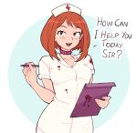  1girl :d bangs blood bloody_clothes blush boku_no_hero_academia breasts brown_eyes brown_hair choker clipboard collar collarbone cowboy_shot dress english_text fake_blood hat heart holding looking_at_viewer medium_breasts medium_hair nurse nurse_cap open_mouth red_eyes short_hair short_sleeves smile solo suoiresnu teeth uraraka_ochako 