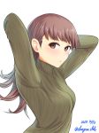  absurdres arms_behind_head blush brown_eyes brown_hair dangan_kurabu dated green_sweater highres kantai_collection long_hair looking_at_viewer ooi_(kantai_collection) ribbed_sweater simple_background sweater twitter_username upper_body white_background 