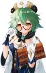  1girl adjusting_eyewear animal_ears beret blush book breasts cat_ears gahara genshin_impact glasses gloves gold_trim green_hair hat highres long_sleeves looking_at_viewer multicolored_hair orange_eyes semi-rimless_eyewear solo sucrose_(genshin_impact) vision_(genshin_impact) 