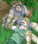  2007 anthro barazoku book bottomwear brown_body brown_fur canid canine canis clothing duo eyewear felid fur glasses humanoid_hands lying male mammal muscular muscular_male outside pantherine shirt shorts shunkiba_(artist) sitting tiger topwear wolf 