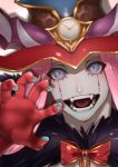  1boy arms_up blue_eyes blue_lipstick cape center_opening clock colored_skin curly_hair eyebrows_visible_through_hair fangs fate/grand_order fate_(series) fur-trimmed_cape fur_collar fur_trim gao hat headpiece highres horns lipstick long_hair makeup male_focus mephistopheles_(fate/grand_order) multicolored multicolored_eyes open_mouth pink_hair purple_eyes r-lyeh-yeah-yeah signature solo teardrop thick_eyebrows white_skin 