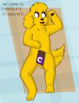  absurd_res anthro biped candy canid canine canis chocolate chocolate_bar convenient_censorship darkiu dessert digital_media_(artwork) domestic_dog feet food fur hair hi_res looking_at_viewer male mammal mikecrack pawpads paws simple_background solo solo_focus text toes tongue 