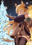  +_+ 1girl azur_lane bare_shoulders black_legwear black_sweater blonde_hair blue_eyes brown_coat christmas coat coat_dress cross dating eyebrows_visible_through_hair highres laurel_crown long_hair purple_sweater ribbed_sweater scarf shinka_(yonkun121) sleeveless_sweater solo sweater taut_sweater_vest thighhighs victorious_(azur_lane) victorious_(goddess&#039;_day_off)_(azur_lane) 