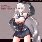  1girl :q absurdly_long_hair absurdres anchor_symbol animal_ears azur_lane bare_shoulders black_gloves black_hairband black_skirt braid breasts bunny_ears character_name eyebrows_visible_through_hair fake_animal_ears gloves hair_between_eyes hairband hand_up hebitsukai-san highres iron_blood_(emblem) large_breasts long_hair miniskirt off_shoulder pleated_skirt prinz_heinrich_(azur_lane) red_eyes silver_hair single_braid skirt solo tongue tongue_out underboob very_long_hair 