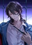  1boy adjusting_clothes backlighting bangs black_hair black_neckwear blazer blue_jacket ensemble_stars! indoors jacket looking_at_viewer male_focus medium_hair necktie necktie_grab neckwear_grab open_collar purple_sky red_eyes rrr_(reason) sakuma_rei_(ensemble_stars!) school_uniform shirt sidelocks smile solo twilight twitter_username upper_body watermark weibo_username white_shirt window yumenosaki_school_uniform 