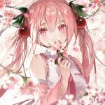  1girl bangs blurry blurry_background blurry_foreground branch cherry_blossoms cherry_hair_ornament commentary depth_of_field detached_sleeves dsmile falling_petals flower flower_over_mouth food_themed_hair_ornament frilled_shirt frills hair_between_eyes hair_ornament hatsune_miku holding holding_flower leaf long_hair looking_at_viewer necktie petals pink_eyes pink_flower pink_hair pink_neckwear pink_sleeves sakura_miku shirt sleeveless sleeveless_shirt solo twintails upper_body very_long_hair vocaloid white_shirt 