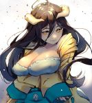  1girl ahoge albedo breasts cleavage covered_nipples crossed_arms demon_girl demon_horns dress fingernails hair_between_eyes highres horns large_breasts lips long_hair messy_hair nachoz_(nachozart) off-shoulder_dress off_shoulder overlord_(maruyama) sleeves_past_wrists smile solo white_horns yellow_eyes 