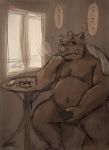  2020 akatadobuchiki anthro barely_visible_genitalia belly blush censored genitals hi_res japanese_text kemono male mammal moobs nipples overweight overweight_anthro overweight_male sitting sketch solo suid suina sus_(pig) text wild_boar 
