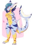  absurd_res anthro axela blue_hair breasts digimon digimon_(species) exposed_breasts female fish fur gabumon genitals hair hi_res inner_ear_fluff long_tail marine multicolored_body nails nipples non-mammal_breasts nude pussy red_eyes shark solo tuft unknown_artist yellow_body yellow_skin 