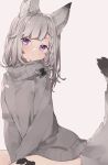  1girl :/ animal_ear_fluff animal_ears arms_between_legs bangs black_bow blunt_bangs blush bow braid closed_mouth commentary eyebrows_behind_hair flat_chest grey_background grey_hair grey_sweater hair_bow hair_ribbon head_tilt highres looking_at_viewer medium_hair original purple_eyes ribbon rippootai simple_background single_braid sitting solo sweater tail tress_ribbon turtleneck turtleneck_sweater upper_body v_arms wolf_ears wolf_tail 