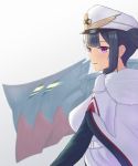  1girl artist_request azur_lane black_hair breasts cape eyebrows_visible_through_hair fur_trim hat highres long_hair medium_breasts peaked_cap peter_strasser_(azur_lane) purple_eyes simple_background solo twintails upper_body white_cape white_headwear 