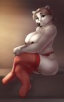  2020 anthro big_breasts big_butt black_nipples black_nose breasts butt chest_tuft clothing crossed_legs curvy_figure digital_media_(artwork) eyewear female fur garter_belt garter_straps glasses grey_hair hair hair_bun legwear lingerie mammal mature_female nipples polar_bear pose red_clothing red_legwear red_stockings sitting smile solo stockings tasanko thick_thighs tuft ursid ursine voluptuous white_body white_fur wide_hips 