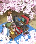  1girl baseball_cap black_hair box brown_hair cherry_blossoms chips commentary controller crt english_commentary famicom food game_cartridge game_console game_controller gamepad handheld_game_console hat jose_salot keyboard_(computer) original outdoors pc_engine playing_games potato_chips raglan_sleeves sega_mega_drive short_hair sleeveless table tagme television 