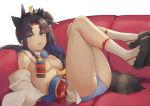 1girl :p ass bangs bare_shoulders black_footwear black_hair black_headwear blue_eyes blue_gloves blue_panties blush breast_curtains breasts circlet cleavage closed_mouth couch detached_sleeves eyebrows_visible_through_hair fate/grand_order fate_(series) fur-trimmed_footwear gloves kneehighs legs_up long_hair long_sleeves looking_at_viewer lying medium_breasts on_back on_couch p!nta panties parted_bangs revealing_clothes smile solo thighs tongue tongue_out underwear ushiwakamaru_(fate/grand_order) very_long_hair white_legwear 