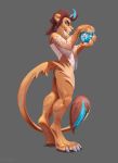  2020 anthro barefoot blue_hair brown_hair clothing felid female fur globe hair hi_res holding_object lion long_tail mammal muscular_legs orange_eyes pantherine paws pogonip tail_tuft tan_body tan_fur translucent translucent_clothing tuft 