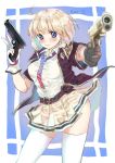  1girl american_flag american_flag_print belt blonde_hair blue_eyes cowboy_shot dual_wielding finger_on_trigger flag_print girls_frontline gloves gun handgun highres holding holding_gun holding_weapon jacket m1911 m1911_(girls_frontline) necktie pistol short_hair simple_background skirt solo thighhighs trigger_discipline weapon yukito118 