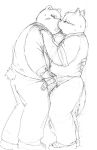  2020 absurd_res akatadobuchiki belly blush bottomwear canid canine canis clothing domestic_dog eyes_closed hi_res hug humanoid_hands kissing male male/male mammal monochrome pants simple_background sketch slightly_chubby ursid white_background 