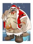  2020 anthro balls belly blush brown_body brown_fur canid canine canis christmas christmas_clothing christmas_headwear clothing costume domestic_dog erection fur genitals hat headgear headwear hi_res holidays humanoid_hands kemono male mammal mind_drive mizuse_higomaru moobs one_eye_closed overweight overweight_anthro overweight_male penis santa_claus santa_costume santa_hat scar solo tokyo_afterschool_summoners video_games wink yasuyori 