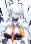  1girl absurdres animal_ears arknights bangs between_breasts black_choker breasts bunny_ears choker frostnova_(arknights) grey_eyes hair_ornament hair_over_one_eye hairclip haowei_wu highres large_breasts long_hair looking_at_viewer scar scar_on_face scar_on_nose silver_hair solo sword upper_body weapon 