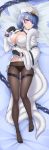  1girl absurdres azur_lane black_gloves black_panties blue_hair blush breasts brown_legwear cape chain chapayev_(azur_lane) cleavage cleavage_cutout closed_mouth clothing_cutout commentary commission dakimakura_(medium) english_commentary fur-trimmed_cape fur_trim gloves hair_ornament hat highres jacket large_breasts long_sleeves looking_at_viewer lying medium_hair mole mole_on_breast navel on_back panties panties_under_pantyhose pantyhose purple_eyes shellvi smile solo underwear white_cape white_headwear white_jacket 