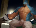  2020 abs absurd_res anthro avian beak bed black_beak blue_body blue_feathers blush breath_of_the_wild crotch_tuft eyes_closed feather_hands feathers featureless_crotch furniture gaoemon3 hi_res kass_(tloz) male muscular muscular_anthro muscular_male nintendo nude pecs rito sitting sitting_on_bed solo the_legend_of_zelda tuft video_games 