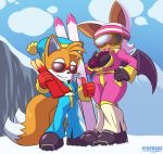  2_tails accessory anthro big_breasts breasts canid canine chiropteran duo eyewear female fox gesture goggles hand_on_hip headband hyoumaru kiss_mark looking_at_viewer male male/female mammal miles_prower multi_tail rouge_the_bat scarf ski snow sonic_the_hedgehog_(series) sunglasses thumbs_up wings 