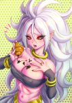  1girl abs android_21 baggy_pants bandeau black_nails black_sclera blush bracelet breasts chocolate cleavage collarbone colored_skin commentary_request covered_nipples dessert dragon_ball dragon_ball_fighterz earrings fangs flipped_hair food fujii_eishun highres jewelry large_breasts long_hair navel open_mouth pants pink_skin red_eyes ring solo toned white_hair white_pants 