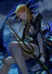  1girl blonde_hair body_markings bracelet breasts cleavage dragon_tail fate/grand_order fate_(series) glowing glowing_eyes highres jewelry kainownill long_hair night polearm smile spear tail vritra_(fate) weapon yellow_eyes 