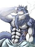  2007 anthro barazoku bedding blanket blush canid canine canis kemono low_res male mammal muscular muscular_anthro muscular_male simple_background smoking solo unknown_artist white_background wolf 