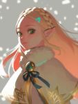  1girl bangs bellhenge blonde_hair braid brooch capelet crown_braid forehead fur_collar green_eyes hair_ornament hairclip jewelry long_hair looking_at_viewer parted_bangs petals pointy_ears princess_zelda sidelighting sidelocks solo the_legend_of_zelda the_legend_of_zelda:_breath_of_the_wild thick_eyebrows triforce white_capelet winter_clothes 