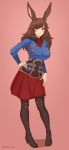  1girl animal_ears ascot blue_shirt boots breasts brown_footwear brown_hair bunny_ears commentary commission contrapposto english_commentary eyebrows_visible_through_hair full_body hand_on_hip high_heel_boots high_heels highres large_breasts long_hair looking_at_viewer original pantyhose pink_background rabbit_girl red_eyes red_neckwear red_skirt shellvi shirt signature simple_background skirt smile solo thigh_boots thighhighs underbust 