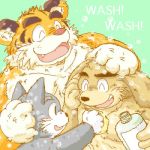  1:1 2007 anthro bathing brown_body brown_fur canid canine canis cute_fangs domestic_dog eyes_closed felid feline fur group humanoid_hands kemono low_res male mammal pantherine s_h_o text tiger wet 