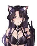  1girl animal_ear_fluff animal_ears bangs bare_shoulders black_gloves black_hair blush bow breasts cat_ears cleavage closed_mouth collarbone elbow_gloves eyebrows_visible_through_hair gloves hair_bow hair_ornament hairclip highres kanniiepan long_hair looking_at_viewer medium_breasts multicolored_hair original parted_bangs purple_eyes purple_hair simple_background solo upper_body v white_background 