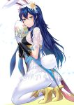  1girl ameno_(a_meno0) animal_ears ass blue_eyes blue_hair blush breasts bunny_ears bunny_tail choker closed_mouth dress egg fake_animal_ears fake_tail fire_emblem fire_emblem_awakening fire_emblem_heroes flower frilled_dress frilled_sleeves frills gloves hair_ornament high_heels highres holding holding_egg leotard long_hair looking_at_viewer looking_back lucina_(fire_emblem) pantyhose small_breasts smile solo squatting symbol-shaped_pupils tail very_long_hair white_gloves white_legwear yellow_footwear 