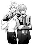  2boys ;d ahoge arm_on_shoulder bags_under_eyes belt black_pants black_suit crossed_arms formal greyscale hair_between_eyes hair_over_one_eye highres hypnosis_mic izanami_hifumi jacket jacket_removed kannonzaka_doppo lanyard looking_at_viewer male_focus miyuki_(10_th) monochrome multiple_boys necktie one_eye_closed open_mouth pants short_hair simple_background smile standing suit sweatdrop vest white_background 