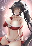  1girl alternate_costume azur_lane bikini black_hair black_legwear bow breasts choker christmas fur-trimmed_choker fur-trimmed_gloves fur_trim gloves hair_flaps hand_on_own_chest highleg highleg_panties highres large_breasts long_hair looking_at_viewer miyagi_ratona panties ponytail red_bikini red_choker red_gloves red_ribbon ribbon santa_costume sitting skindentation snowflakes solo swimsuit takao_(azur_lane) thighhighs underwear very_long_hair white_bow yellow_eyes 