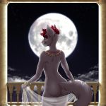  1:1 2018 5_fingers anthro bracelet butt deerstail digital_media_(artwork) domestic_cat egyptian eyebrows eyelashes felid feline felis fingers full_moon fur girly grey_body grey_fur hair jewelry looking_at_viewer looking_back male mammal moon necklace night nude outside rear_view red_hair sky smile solo standing translucent 