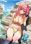  1girl absurdres azur_lane bangs bare_shoulders beach bikini blush bottle breasts cleavage collarbone dead_or_alive hair_ornament highres honoka_(doa) large_breasts long_hair looking_at_viewer navel one_side_up open_mouth pink_hair ramune rock shocho skull_hair_ornament swimsuit thighs wet 